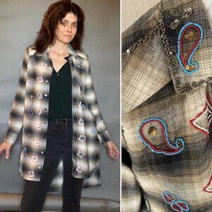 MISS ME Flannel XS Plaid Beaded long Shirt paisley Tunic black dress overshirt